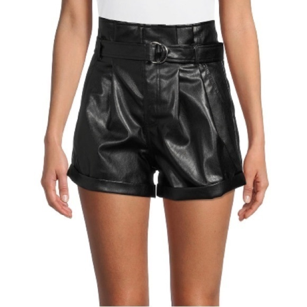 Madden NYC Juniors Black Paperbag High Rise Waist Faux Leather Shorts‎
